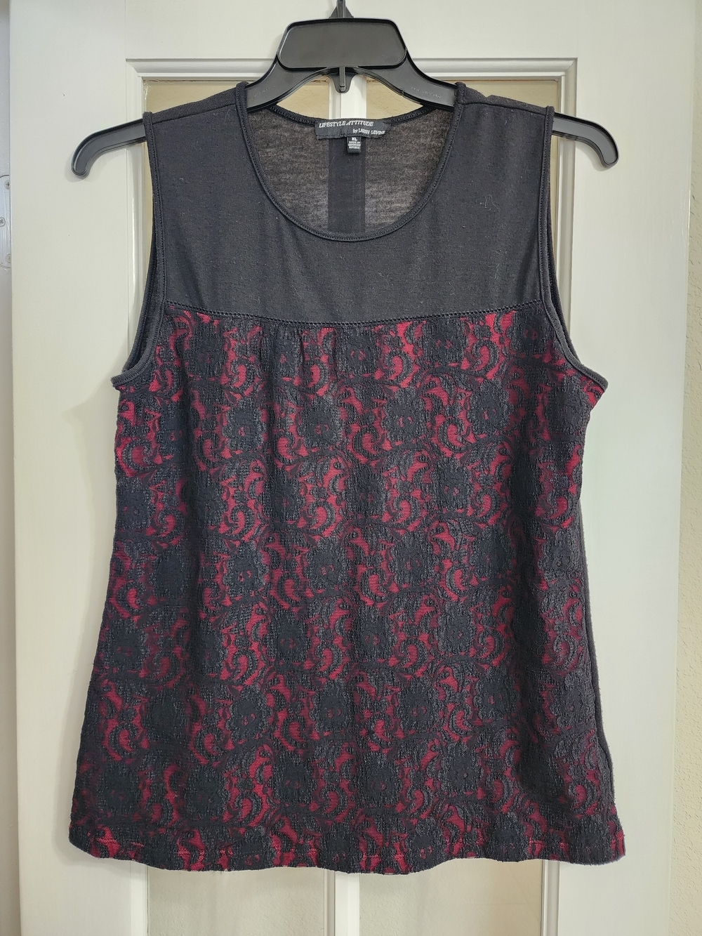 Larry Levine Y2K Black Red Damask Lace Sleeveless Knit Top XL